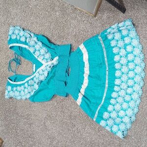 Amaya Teal Floral Ruffle Matching Skirt Set Summer Vacation Embroidery